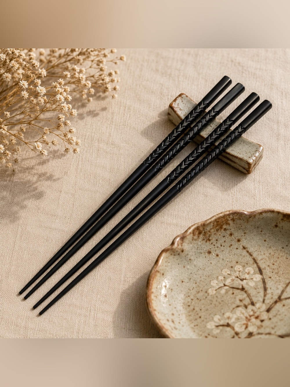 Set of 4 Black Textured Reusable Matte Acrylic New Chopsticks 10” Japanese Style